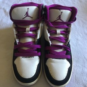 White Black and Purple High Top Jordans